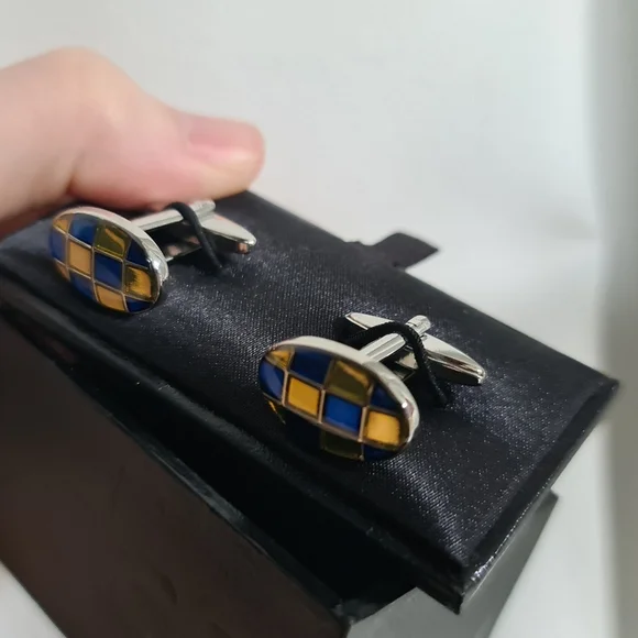 Blaq Mens Cuff Links Checked Cufflinks Silver Blue Yellow - Picture 7 of 7